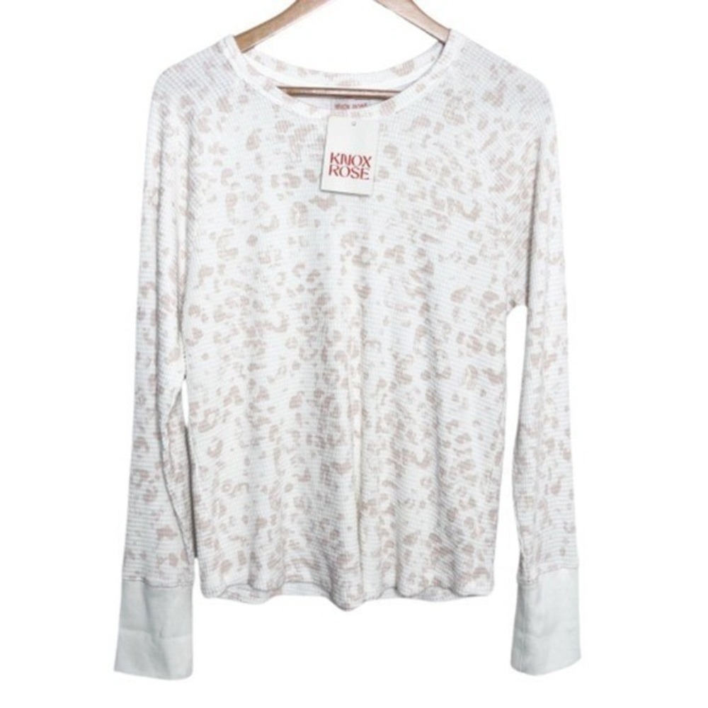 Knox Rose NWT Womens XL Leopard Waffle Knit Thermal Top Long Sleeve Cream Tan - Picture 2 of 8
